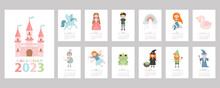 Fairytale Calendar For 2023, With Cartoon Characters, Princess, Prince, Fairy, Pegasus, Stargazer, Swan, Knight, Witch, Mermaid, Gnome, Castle.