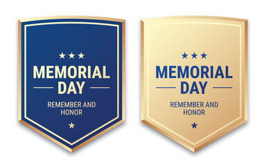 Memorial Day shield badges vector design, in blue and golden colors, isolated on white background.