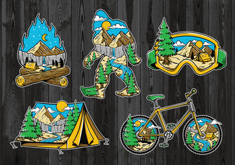 Wall Mural - set of vintage outdoor illustrations on wood board. hand drawn and vector emblem designs. great for 