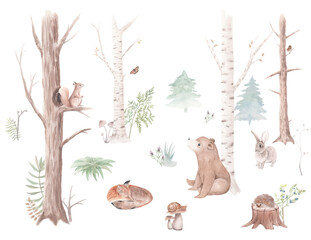 Plakat sztuka dzieci niedźwiedź wiewiórka drzewa