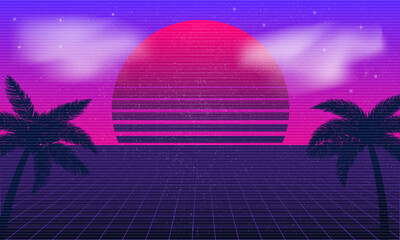 Wall Mural - synthwave background with retro sun, palms and clouds. retro neon abstract background template. vect