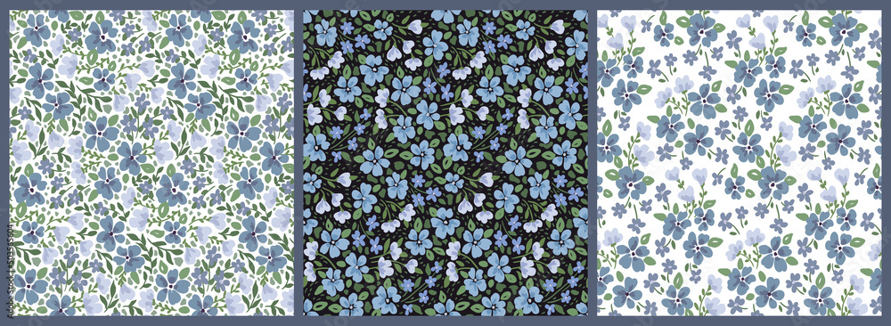 Seamless floral pattern with delicate flower meadow in the set. Random ...