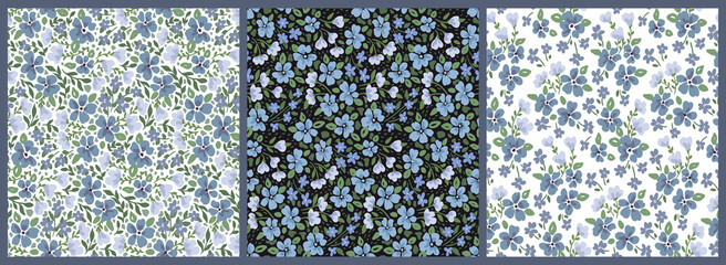 Seamless floral pattern with delicate flower meadow in the set. Random composition of small hand-drawn blue flowers, leaves, grass. Romantic botanical background design. Vector.