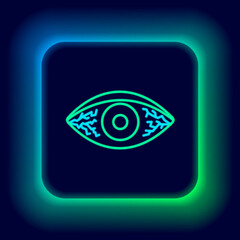 Poster - Glowing neon line Reddish eye due to viral, bacterial or allergic conjunctivitis icon isolated on black background. Colorful outline concept. Vector