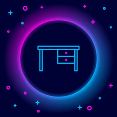 Sticker - Glowing neon line Office desk icon isolated on black background. Colorful outline concept. Vector