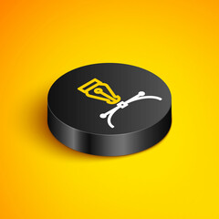 Sticker - Isometric line Fountain pen nib icon isolated on yellow background. Pen tool sign. Black circle button. Vector