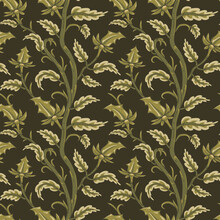 Jacobean Embroidery Floral Seamless Camouflage Pattern. Fantasy Baroque Olive Print With Leaves And Branches. Hand Drawn Army Green Oriental Tiles. Indian Vector Textile With Paisley Motif
