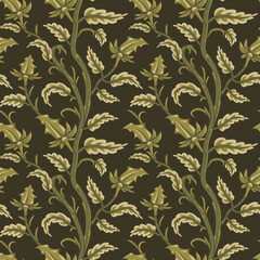 Jacobean embroidery floral seamless camouflage pattern. Fantasy baroque olive print with leaves and branches. Hand drawn army green oriental tiles. Indian vector textile with paisley motif