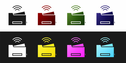 Sticker - Set Smart printer system icon isolated on black and white background. Internet of things concept with wireless connection. Vector