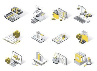 Wall Mural - Accounting concept 3d isometric icons set. Pack elements of calculation of money balance, banking, tax payment, financial analysis, audit and other. Vector illustration in modern isometry design