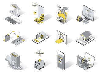 Fototapete - Banking concept 3d isometric icons set. Pack elements of bank application, tax payment, deposit, money transfer, financial analysis, audit and other. Vector illustration in modern isometry design