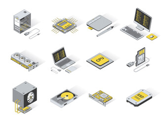 Poster - Computer elements concept 3d isometric icons set. Pack elements of laptop, processor, touchpad, keyboard, monitor, cpu, ssd, video card, gpu and other. Vector illustration in modern isometry design