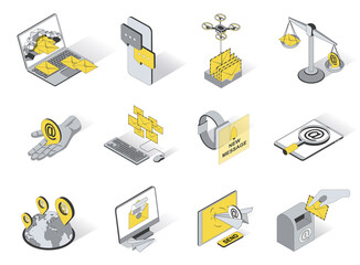Poster - Contacts concept 3d isometric icons set. Pack elements of sending and receiving email, messaging app, online chatting, letters, notifications and other. Vector illustration in modern isometry design