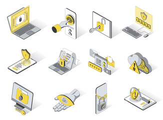 Aufkleber - Cyber security concept 3d isometric icons set. Pack elements of password, fingerprint scanner, padlock, profile, firewall, virus protection and other. Vector illustration in modern isometry design