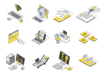 Freelance concept 3d isometric icons set. Pack elements of wifi, online, global internet, computer, document, contract, work, search, workplace and other. Vector illustration in modern isometry design