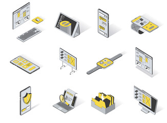 Fototapete - User interface concept 3d isometric icons set. Pack elements of ui layout for computer, tablet, smartphone, board, watch, content, software and other. Vector illustration in modern isometry design