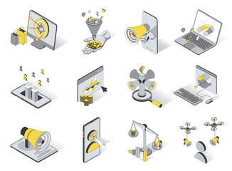 Poster - Marketing concept 3d isometric icons set. Pack elements of target, advertisement, attracting, data analysis, megaphone, business communication and other. Vector illustration in modern isometry design