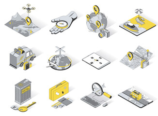 Poster - Travel vacation service concept 3d isometric icons set. Pack elements of hiking, mountains, compass, global tourism, beach, sea, car traveling and other. Vector illustration in modern isometry design