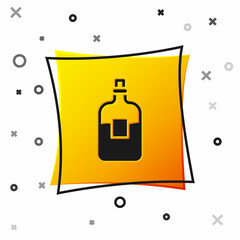 Poster - Black Glass bottle of vodka icon isolated on white background. Yellow square button. Vector