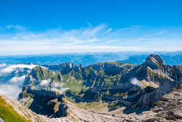 View of Santis Schwagalp Mountain under the sunny blue sky in warm weather in Switzerland