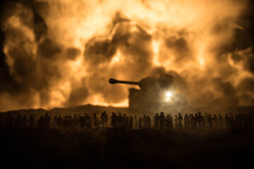 Creative artwork decoration war on Ukraine. Crowd looking on giant explosion and attacking soldiers.