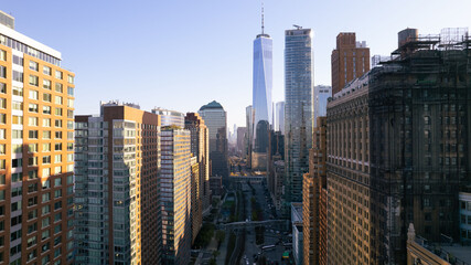 Beautiful view of tall buildings in New York under the blue sky