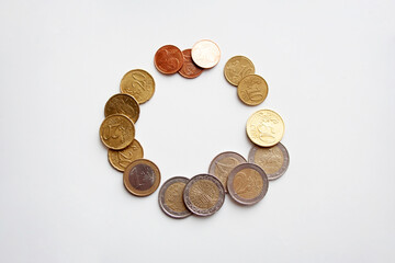 Euro coins of different value in circle isolated on white background