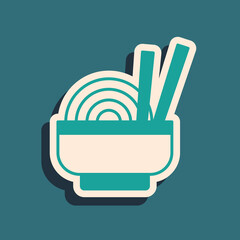 Poster - Green Asian noodles in bowl and chopsticks icon isolated on green background. Street fast food. Korean, Japanese, Chinese food. Long shadow style. Vector