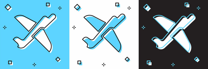 Sticker - Set Toy plane icon isolated on blue and white, black background. Flying airplane icon. Airliner sign. Vector