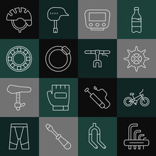 Set Line Tool Allen Keys, Bicycle, Sprocket Crank, Speedometer, Brake Disc, Ball Bearing, Helmet And Handlebar Icon. Vector
