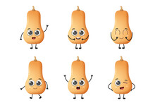 Set Of Cute Cartoon Butternut Squash Vegetables Vector Character Set Isolated On White Background