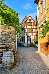 Canvas Print - Cozy leafy medieval street with half timber house, Rhine region, Germany