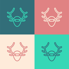 Sticker - Pop art line Deer antlers on shield icon isolated on color background. Hunting trophy on wall. Vector