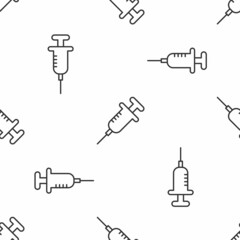 Sticker - Grey line Syringe icon isolated seamless pattern on white background. Syringe for vaccine, vaccination, injection, flu shot. Medical equipment. Vector