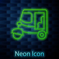 Poster - Glowing neon line Taxi tuk tuk icon isolated on brick wall background. Indian auto rickshaw concept. Delhi auto. Vector