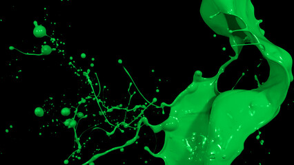 Wall Mural - Green liquid splashes, swirl and waves with scatter drops. Royalty high-quality free stock of paint, oil or ink splashing dynamic motion, design elements for advertising isolated on black background