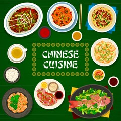 Wall Mural - Chinese cuisine food of vector Asian restaurant menu cover. Rice, vegetable, seafood and meat dishes, chow mein noodles with cashew and ginger chicken, chilli prawn, spicy duck, fish and beef