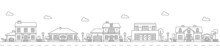 Neighborhood Line Art Cityscape. Town City Street With Outline Buildings. Vector Suburban Street Landscape With Village Houses And Residential Homes, Linear Skyline With Row Of Houses, Trees, Fences