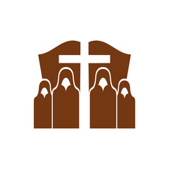 Wall Mural - Praying monks, Bible and cross Christian religion vector icon. Christianity catholic crucifix and spirituals prayers brown symbol, faith and religious theme emblem