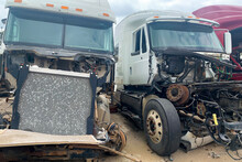 Two Trucks After Accident Crashed, Disposal Of The Car, Cargo Van Broken In A Road Crash, Destroyed Lorry After A Head-on Collision In Junkyard