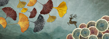 3d Floral Mural Wallpaper With Light Simple Background. Ginko Leaf, Deer And Circles. For Wall Decor
