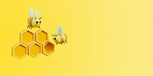 Cute Bee Collecting Honey In The Hive Cartoon Style Isolated On Yellow Background Rendering 3D Illustrations