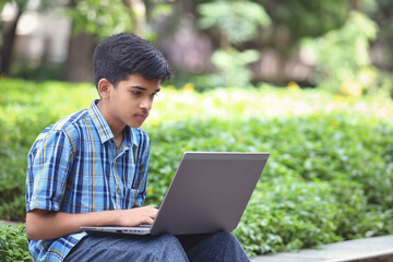 Wall Mural - Indian young boy using Laptop while Sitting Outside park	
