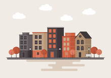 A Small Town By The Lake In Autumn. Urban Landscape In Minimal Geometric Flat Design. Vector Illustration Of The Cityscape With Copy Space For Text. 
