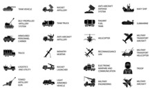 Set Of 24 Outline Army Web Icons. Military Vehicles, Planes And Boats.
