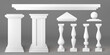 Architecture elements of balustrade for balcony, terrace, parapet. Vector realistic set of 3d white stone or marble pillars, columns, baluster, handrail and base of classic ancient fence