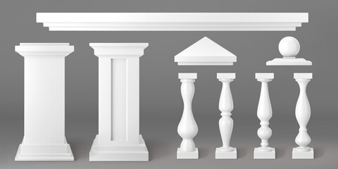 architecture elements of balustrade for balcony, terrace, parapet. vector realistic set of 3d white 