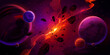 Galaxy, outer space background with planets and explosion with fire, smoke and flying stone debris. Vector cartoon fantastic illustration of blast in cosmos after catastrophe or collision