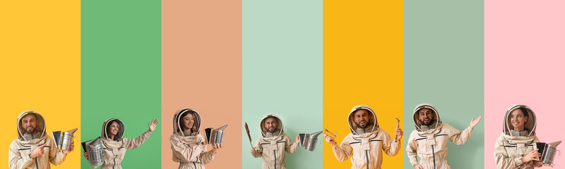 Set of beekeepers in protective suits on colorful background