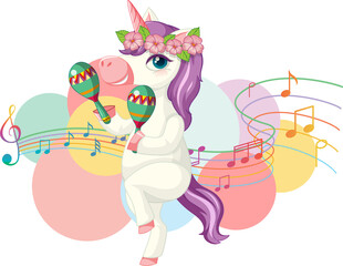 Sticker - Cute purple unicorn shaking maracas with music notes on white background